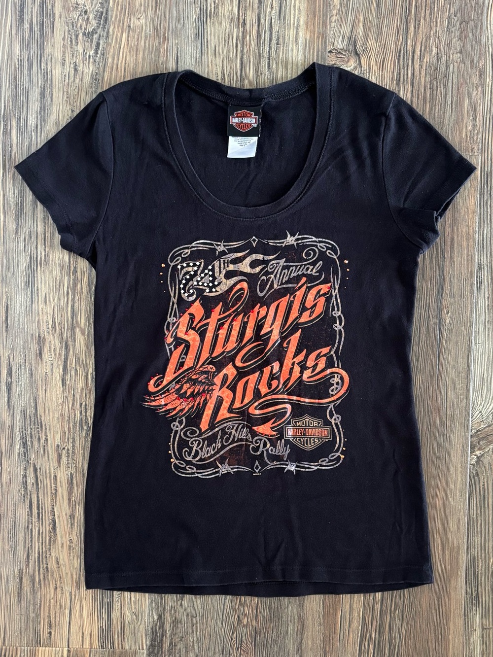 Harley-Davidson Sturgis Motorcycle Rally T-Shirt Womens M Black Orange Bedazzled